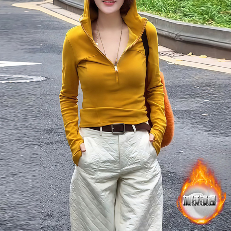 黄色连帽半拉链卫衣女秋冬新款