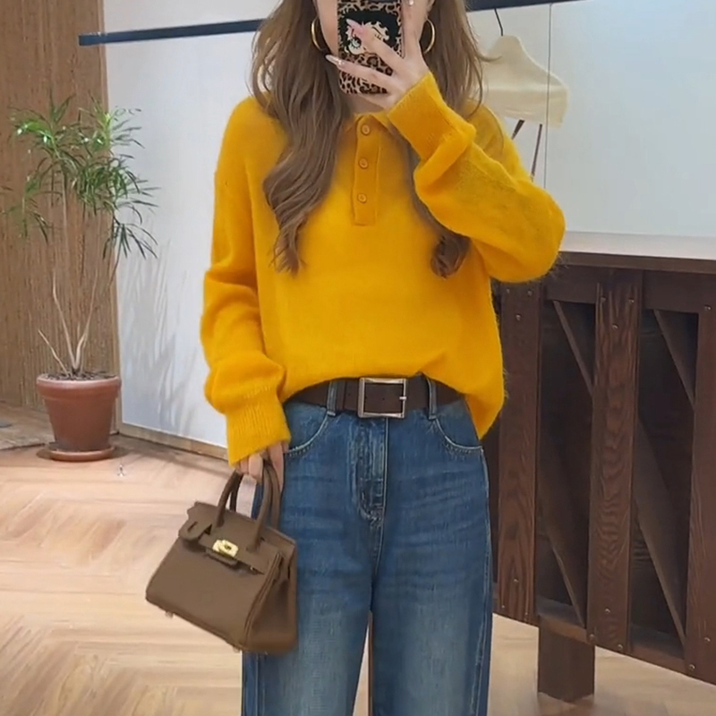 多巴胺黄色Polo领毛衣女2025秋季韩系氛围感穿搭独特超好看针织衫