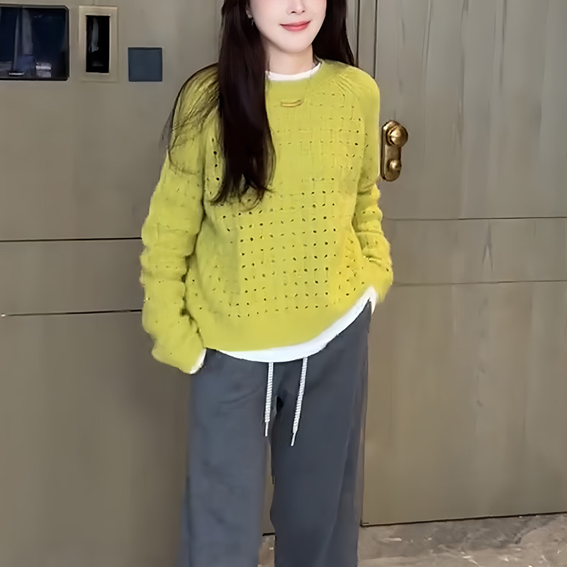 圆领长袖镂空纯色宽松百搭针织衫欧洲站2025早秋款毛衣别致上衣