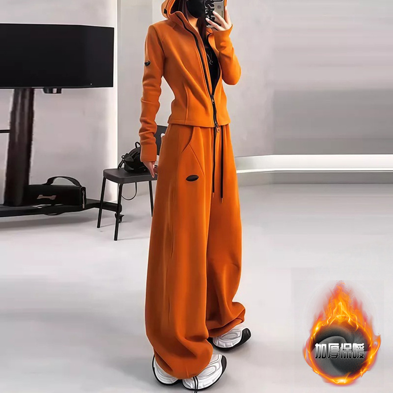 酷飒休闲风橘色连帽卫衣套装女
