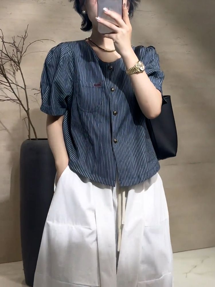 法式简约条纹气质短袖衬衫女夏季新款时尚通勤设计感休闲百搭上衣