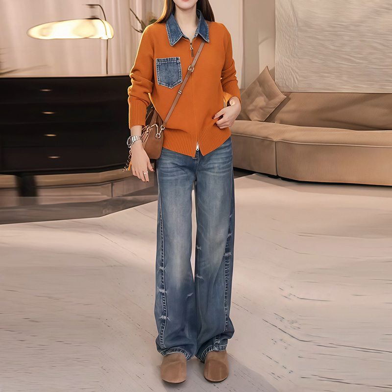 针织开衫女搭配阔腿牛仔裤