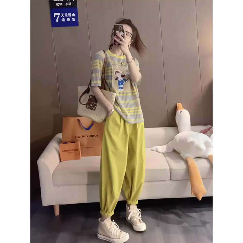 卡通图案针织衫薄款短袖t恤套装2023新款女夏季休闲哈伦裤萝卜裤