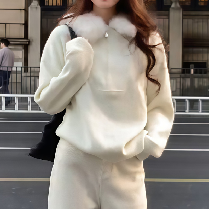 长袖针织外套女2025秋冬新款韩版宽松毛绒百搭白色洋气毛领上衣潮