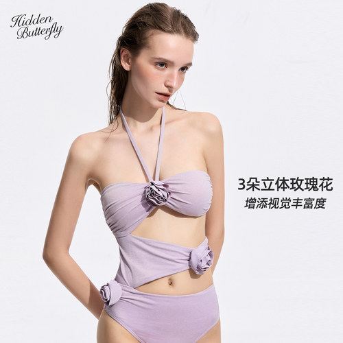 Hidden Butterfly立体花卉闪耀高开叉褶皱镂空遮肉休闲连体泳衣女