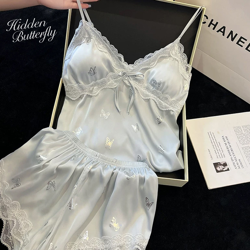 Hidden Butterfly可拆卸胸垫蕾丝冰丝蝴蝶烫银丝质吊带睡裤睡衣