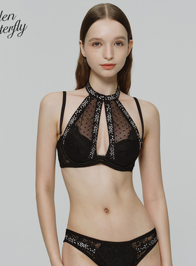 Hidden Butterfly法式高领挂脖烫钻蕾丝文胸套装内衣女 漫星觅野