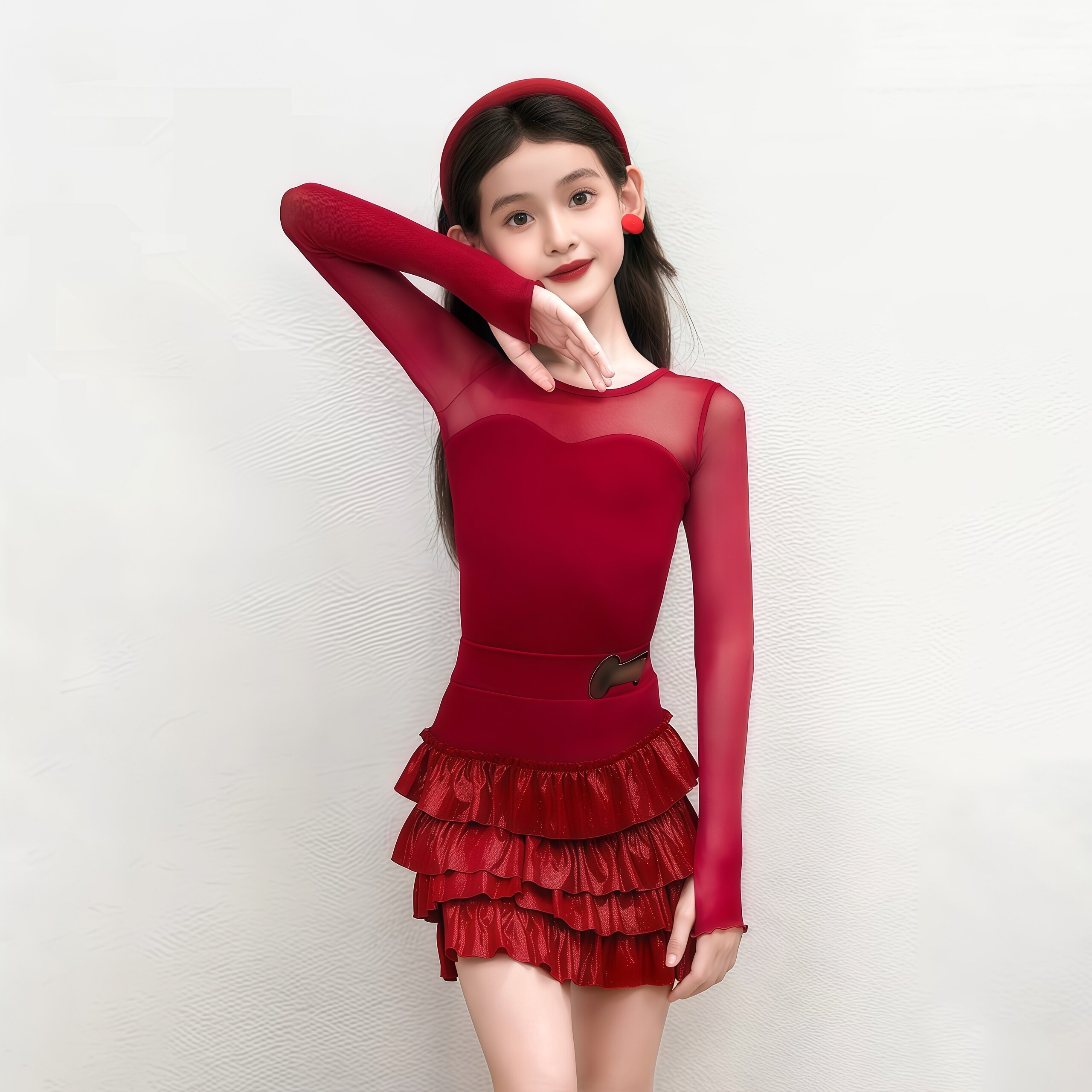 2026秋冬女童拉丁舞练功服网纱长袖连体上衣蛋糕裙艺考表演服班服