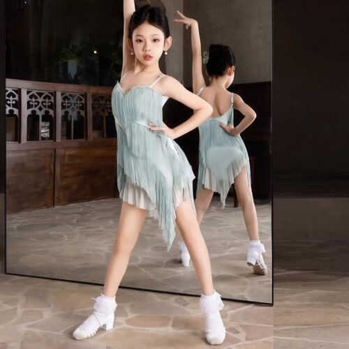 夏拉丁女童吊带流苏不规则连衣裙