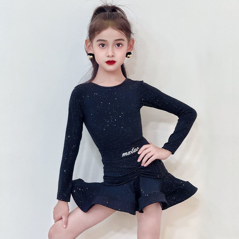 拉丁舞服女童秋长袖闪钻冬舞蹈裙