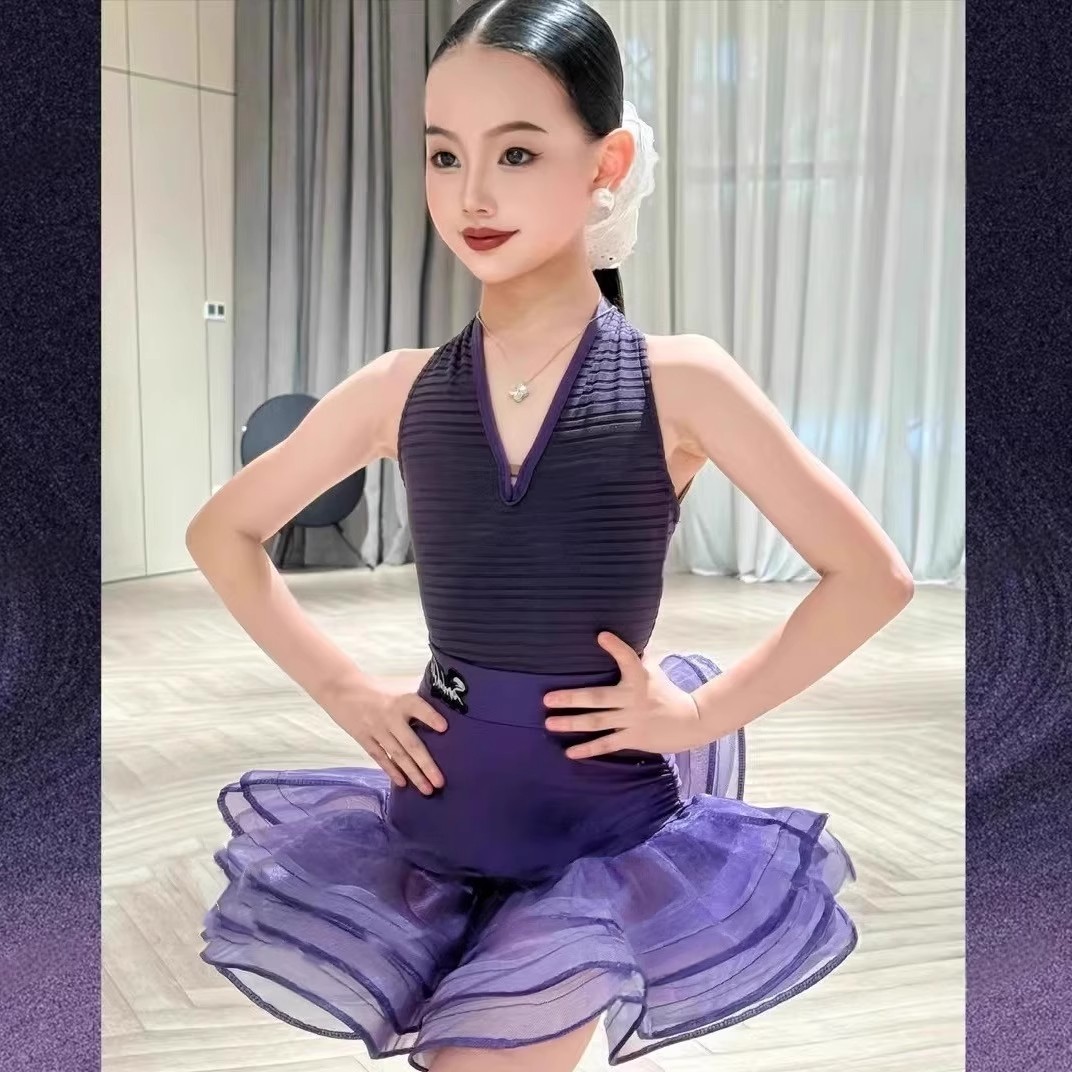 SQ同款拉丁服梦幻紫鱼骨大摆挂脖