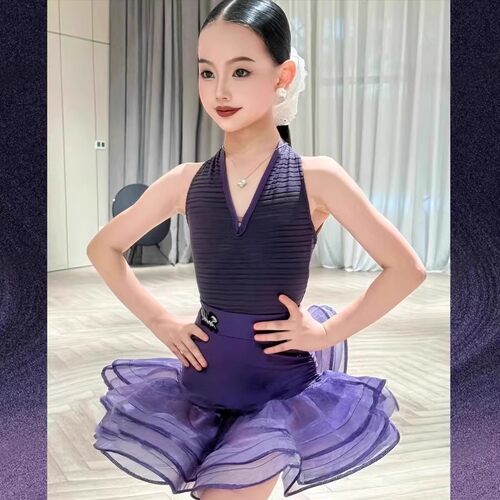 SQ同款拉丁舞服女童梦幻紫挂脖款