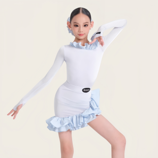 未午同款冬季女童拉丁舞服梦幻晶浪长袖花边上衣分体波浪纹半裙