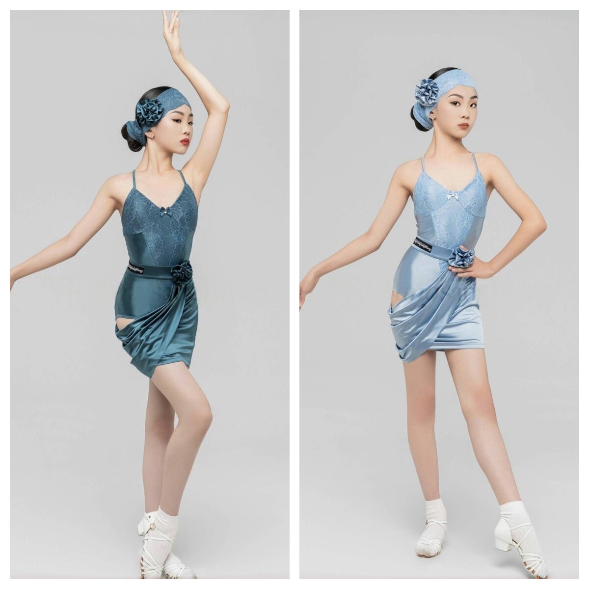 2026新款女童拉丁舞练功服超丝滑缎光花朵半身裙连体衣蕾丝发带