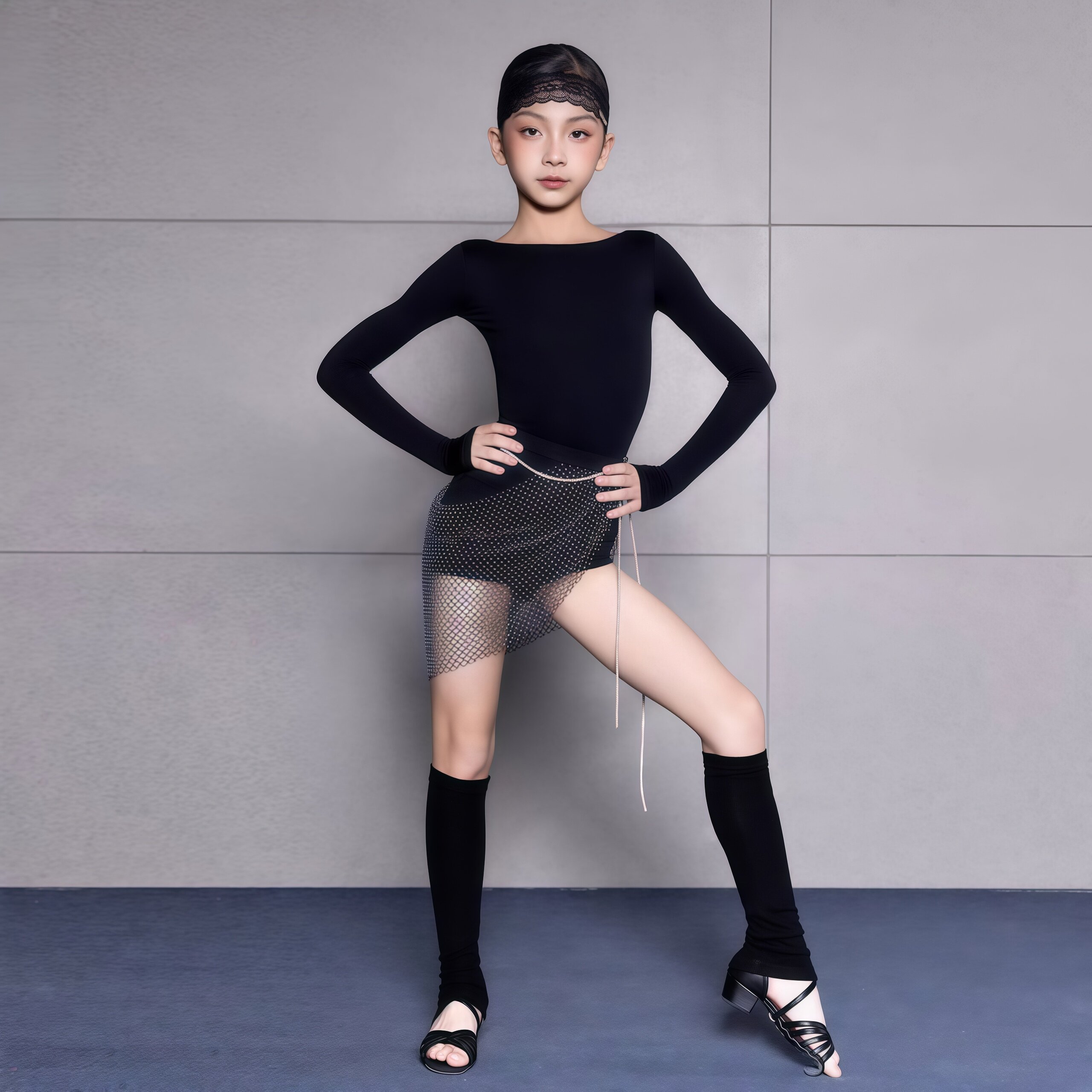 女童拉丁舞闪钻臀巾长袖练功服图片