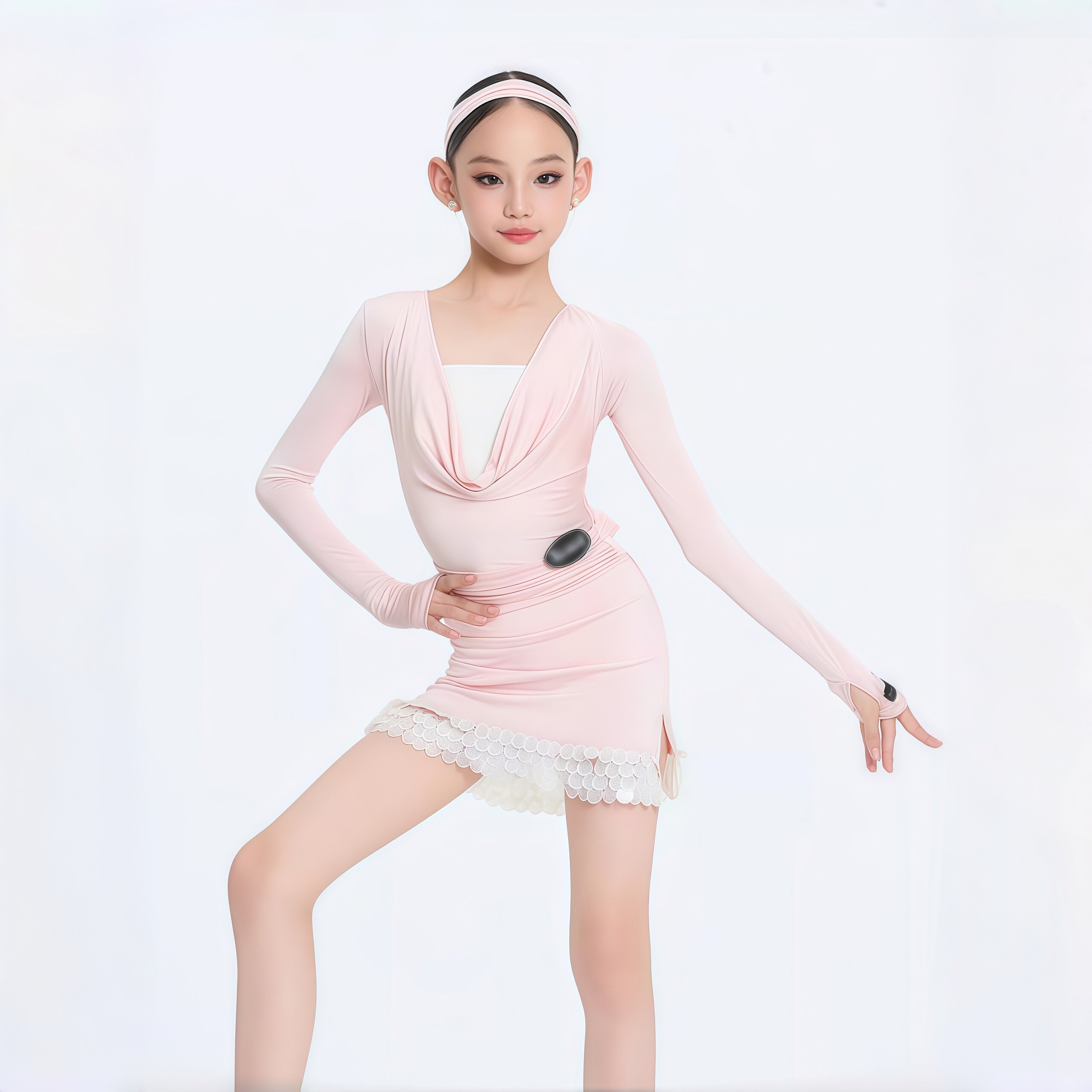 秋季新款女童拉丁舞服荡领长袖套装蕾丝亮片裙摆少儿练功演出舞服