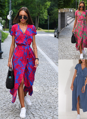 V-neck printed slit short sleeved skirtV领印花开叉短袖系带裙