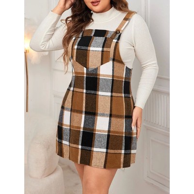 Checkered print slimming suspender skirt格子印花显瘦背带裙女