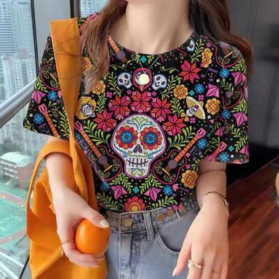 Printed short sleeved breathable T-shirt印花短袖圆领透气上衣