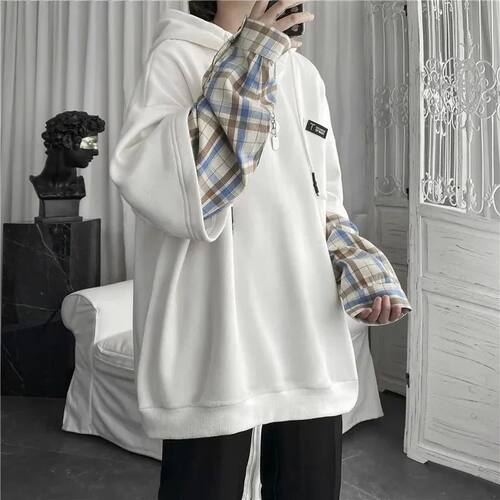 纯色连帽拼接卫衣 Solid color hooded patchwork printed hoodie