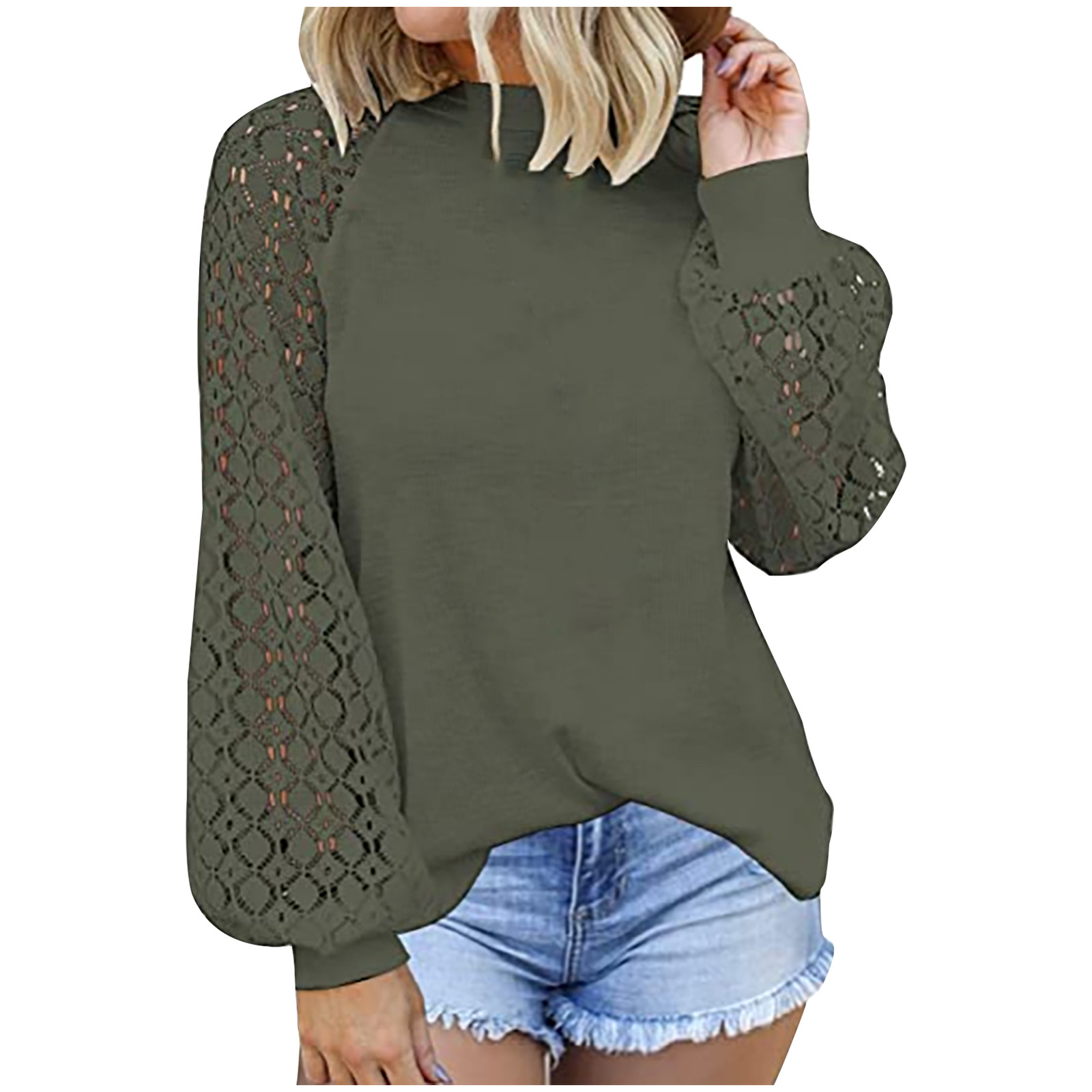 Crew Neck Lace Panel Loose T-Shirt圆领蕾丝拼接宽松长袖T恤女