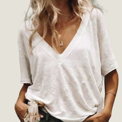 Solid Color Loose V-Neck Casual T-Shirt纯色宽松V领休闲T恤女