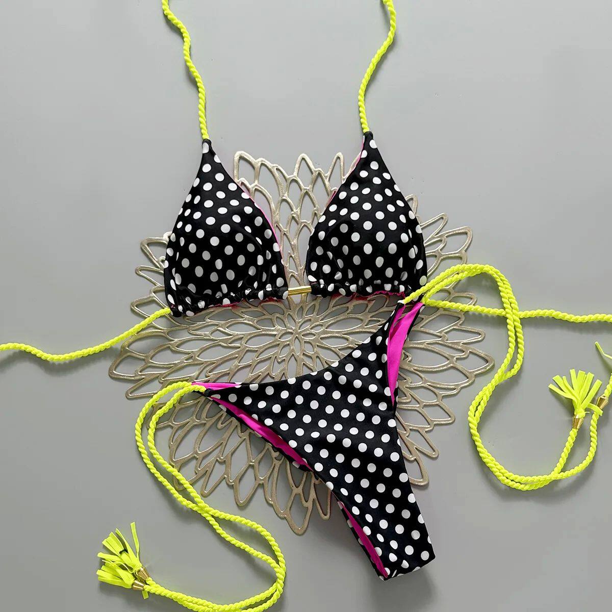 Polka dot printed tassel lace up bikini波点印花流苏系带泳衣