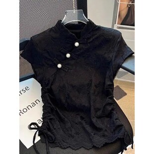 立领褶皱纽扣短袖衬衫 Stand up collar pleated button up shirt