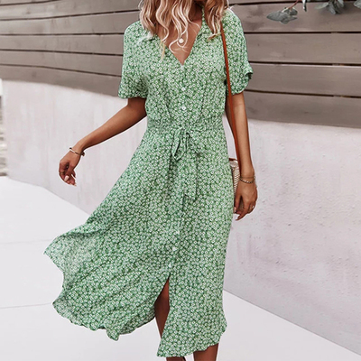 Printed V-Neck Casual Swing Dress印花V领休闲大摆A字连衣裙