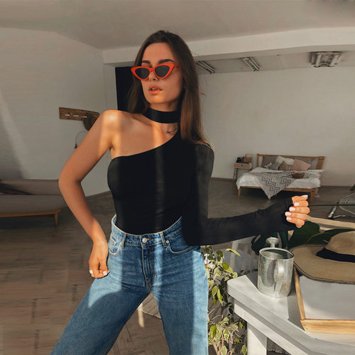Slim Fit Crew Neck One Shoulder Bodysuit修身圆领单肩连体衣女