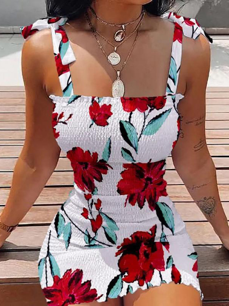 Printed Slip-Neck Slip-On Dress印花一字领紧身包臀吊带连衣裙