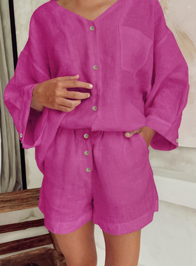 Comfortable V-neck household clothes舒适V领长袖短裤家居服女