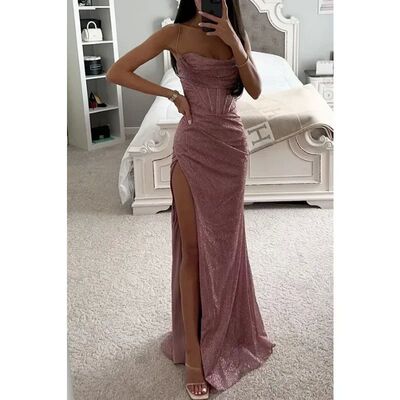 收腰开叉连衣裙Solid color waist cinched slit suspender dress