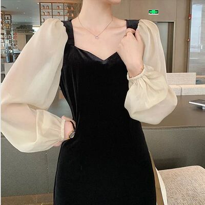 Lantern sleeve patchwork black long skirt灯笼袖拼接黑色长裙