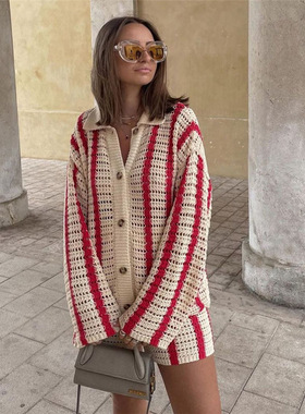 Casual Striped Open Knit Cardigan Jacket休闲条纹镂空针织外套