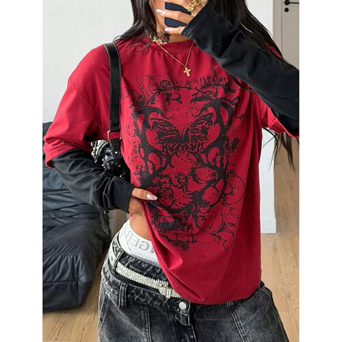 印花拼接长袖上衣 Printed patchwork striped long sleeved top