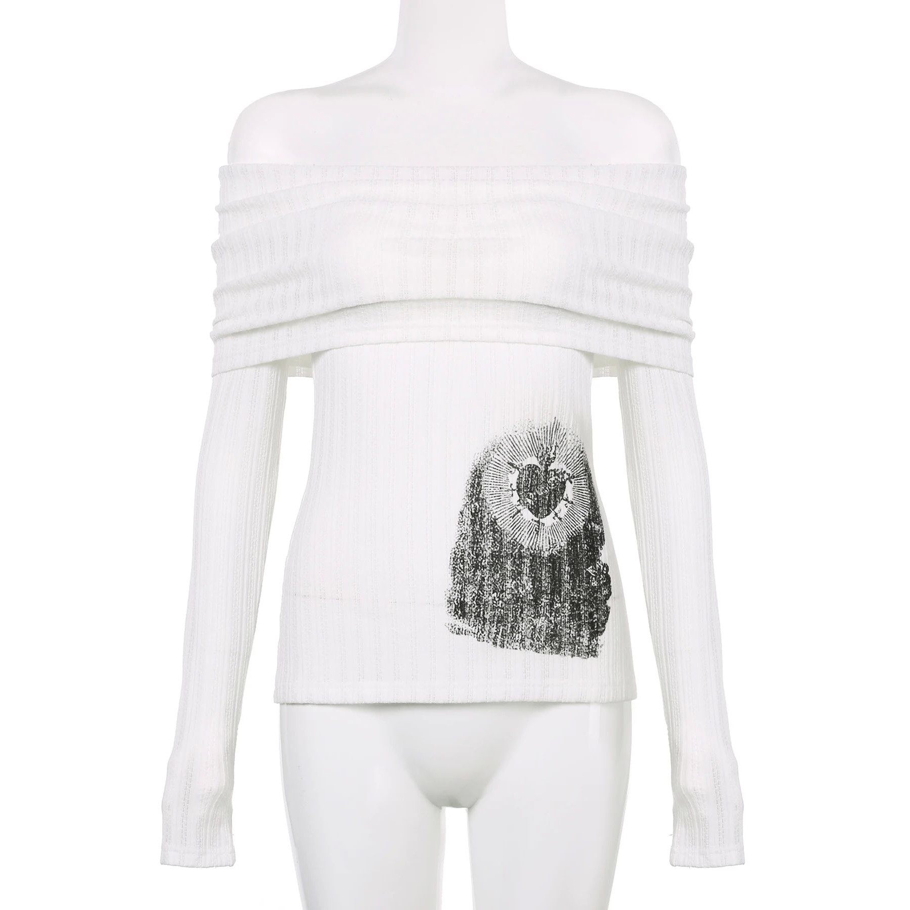 Printed off shoulder one neck T-shirt印花露肩一字领百搭T恤女