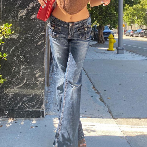 Simple low waist pocket jeans straight pants低腰口袋直筒长裤