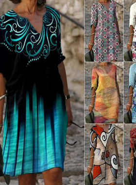 Casual V-Neck Print Casual Loose Dress休闲V领印花宽松连衣裙