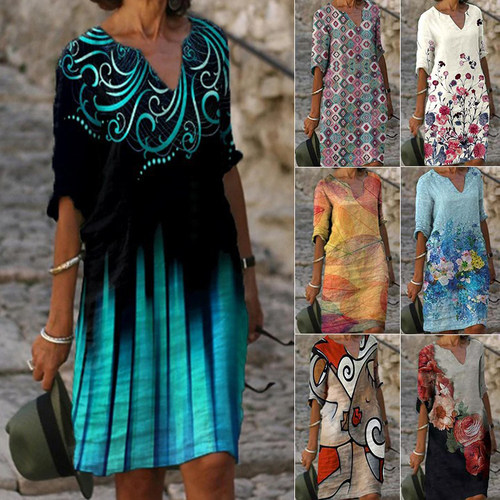Casual V-Neck Print Casual Loose Dress休闲V领印花宽松连衣裙