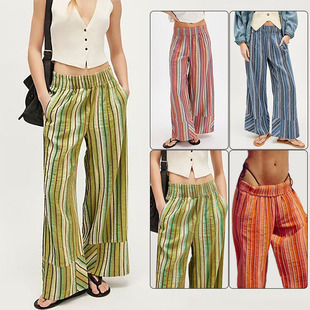 High waisted striped printed wide leg pants高腰条纹印花长裤