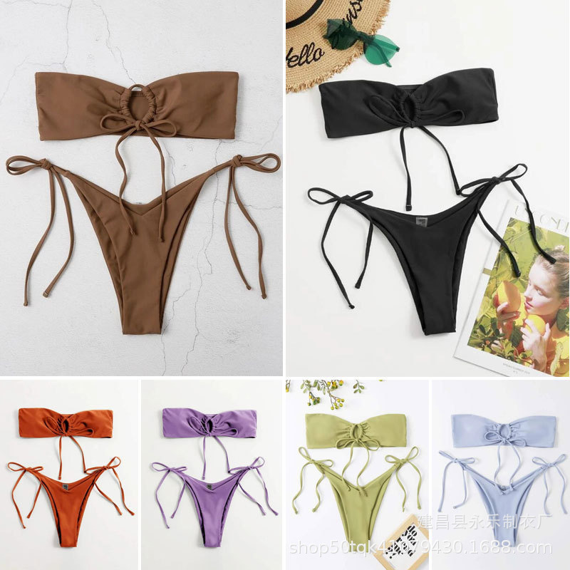 Solid color strapless hollow bikini纯色抹胸镂空分体比基尼女