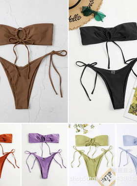 Solid color strapless hollow bikini纯色抹胸镂空分体比基尼女