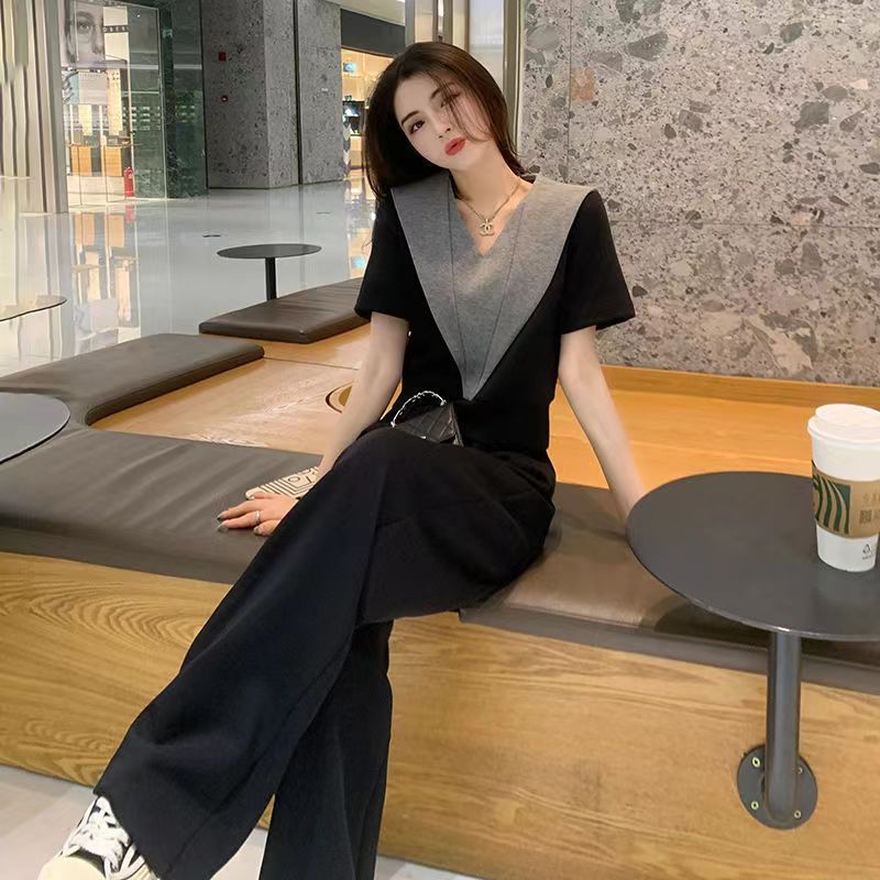 黑色休闲运动衣服女套装夏季设计感小众气质减龄时尚洋气两件套潮