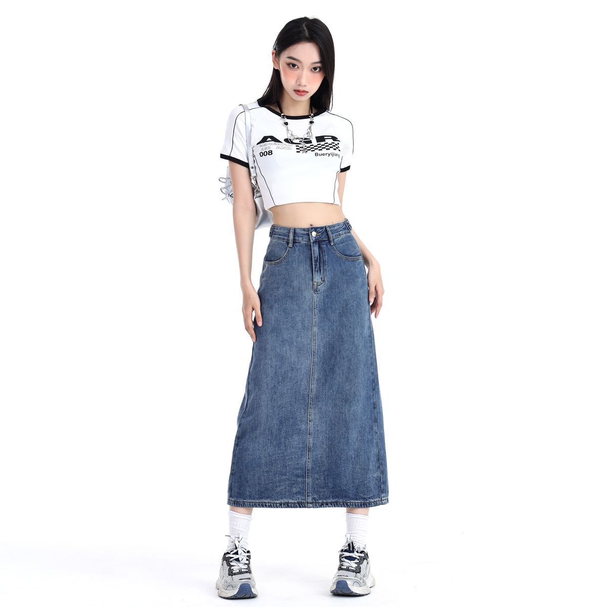 浅蓝色高腰显瘦牛仔半身裙女2025年新款春夏后开叉中长裙子百搭潮