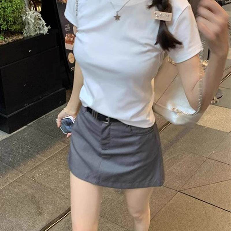 韩系基础款白色圆领正肩短袖t恤女夏季上衣短裙小个子穿搭一整套