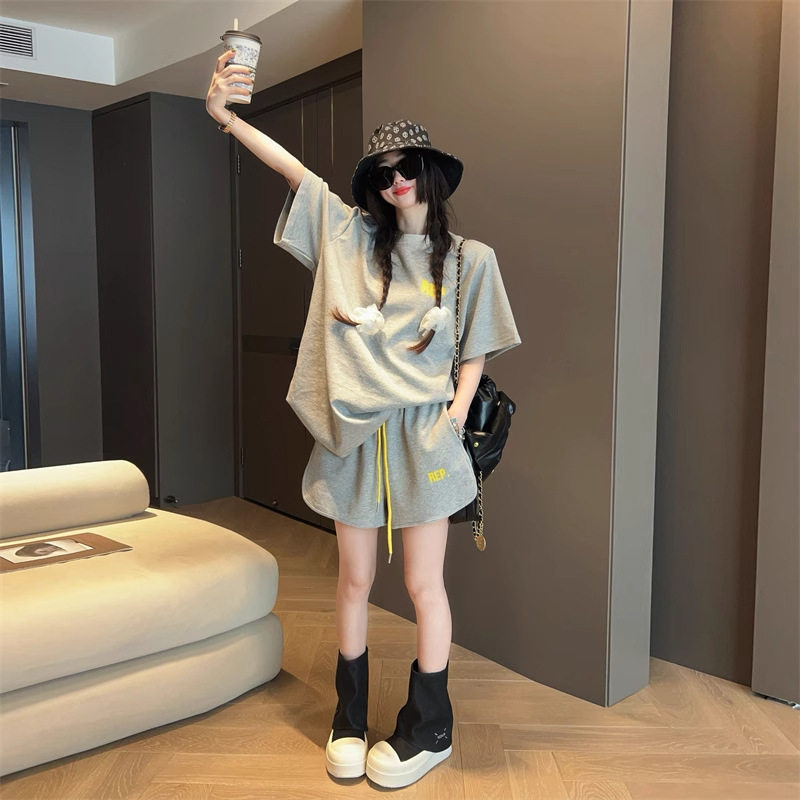 欧洲站胖MM时尚休闲短袖T恤短裤衣服女套装新款宽松学院两件套潮