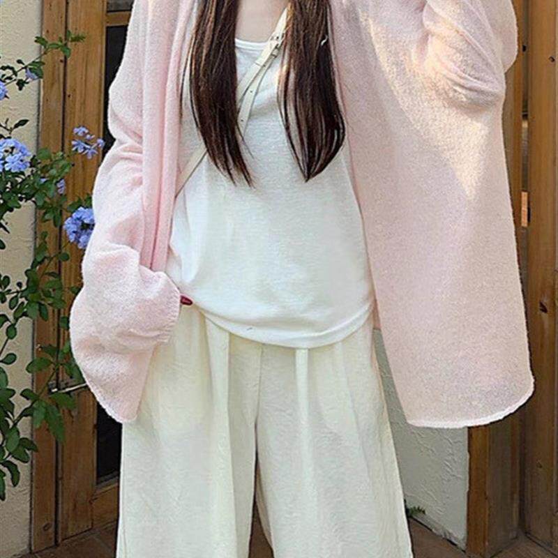 2026春夏新款纯色薄款防晒衣外套慵懒风宽松针织开衫马卡龙色上衣