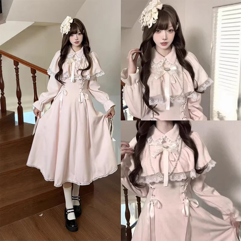 日系甜美粉色清楚系蕾丝拼接蝴蝶结假两件