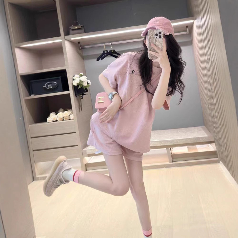 粉色显白夏季衣服女套装短袖宽松韩版时尚短裤减龄休闲运动两件套